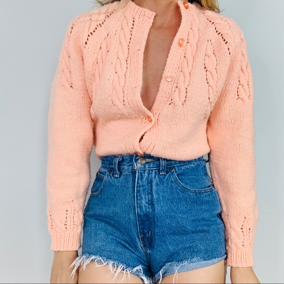 Vintage Sweaters - Vintage peach cable knit grandma cardigan sweater